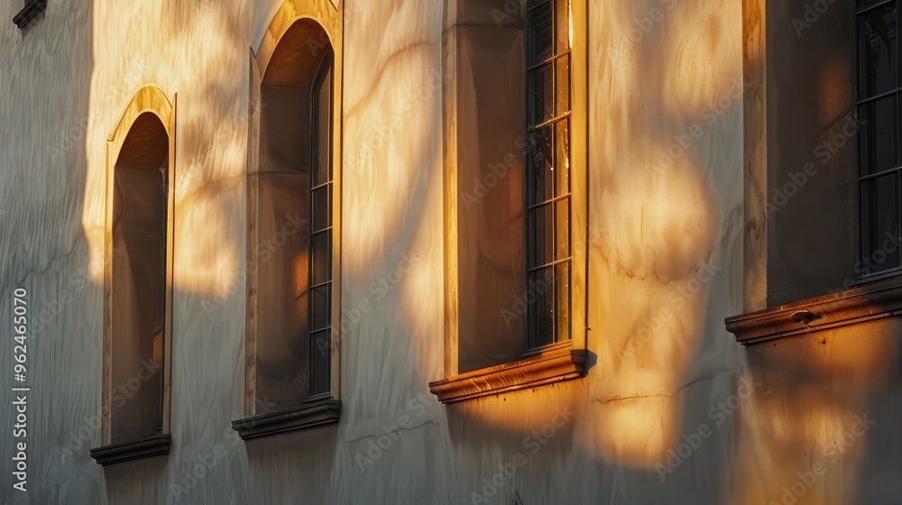 Poster section of an ancient building showcasing three parallel upright windows