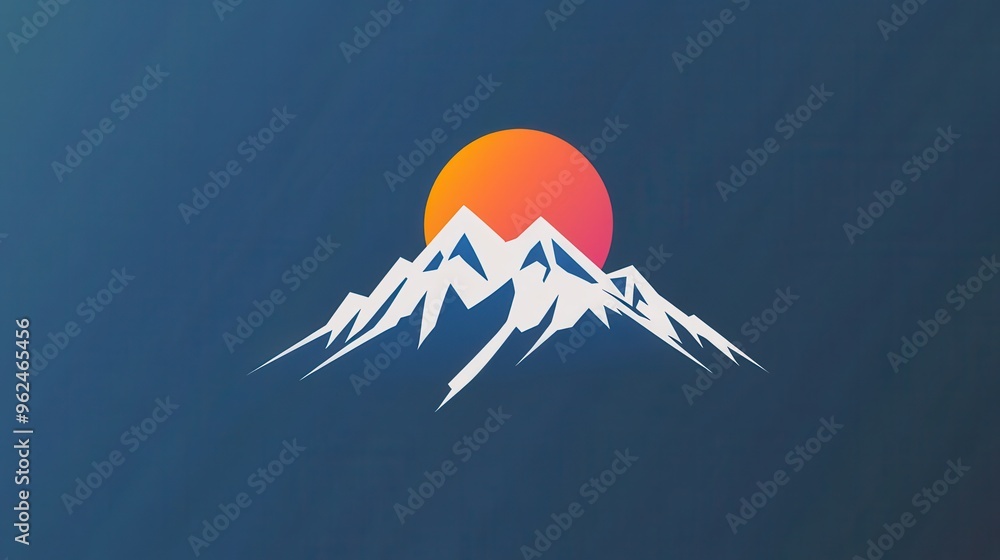 Poster The design features a simple representation of mountains topped with snow, illuminated by a colorful sunrise in the background. Generative AI