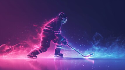 A hockey player, illuminated by glowing neon lights, glides across the ice in a dramatic scene. The use of pink and blue lighting creates a striking contrast, highlighting the athlete's silhouette and