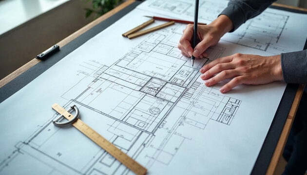 An engineer’s hands sketch blueprints on a drafting board, surrounded by technical tools and detailed plans, highlighting expertise in a professional workspace.







