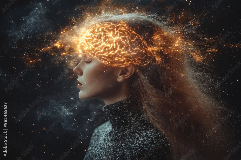 Poster neural processors brain activity surreal depiction of a woman with a glowing brain exploding into co