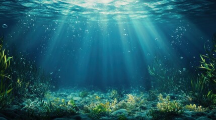 Fototapeta premium Underwater scene with sunlight filtering through water, illuminating aquatic plants and bubbles.