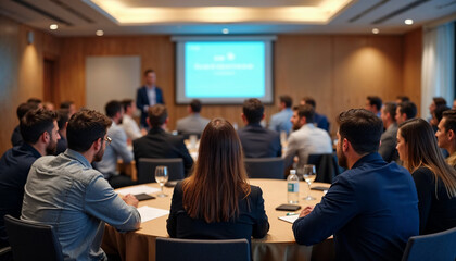 Attendees are seated at round tables in a conference room, listening attentively to a speaker.