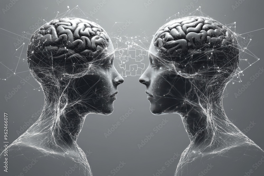 Poster brainpower brain activity abstract depiction of two human wireframe heads connected by neural networ