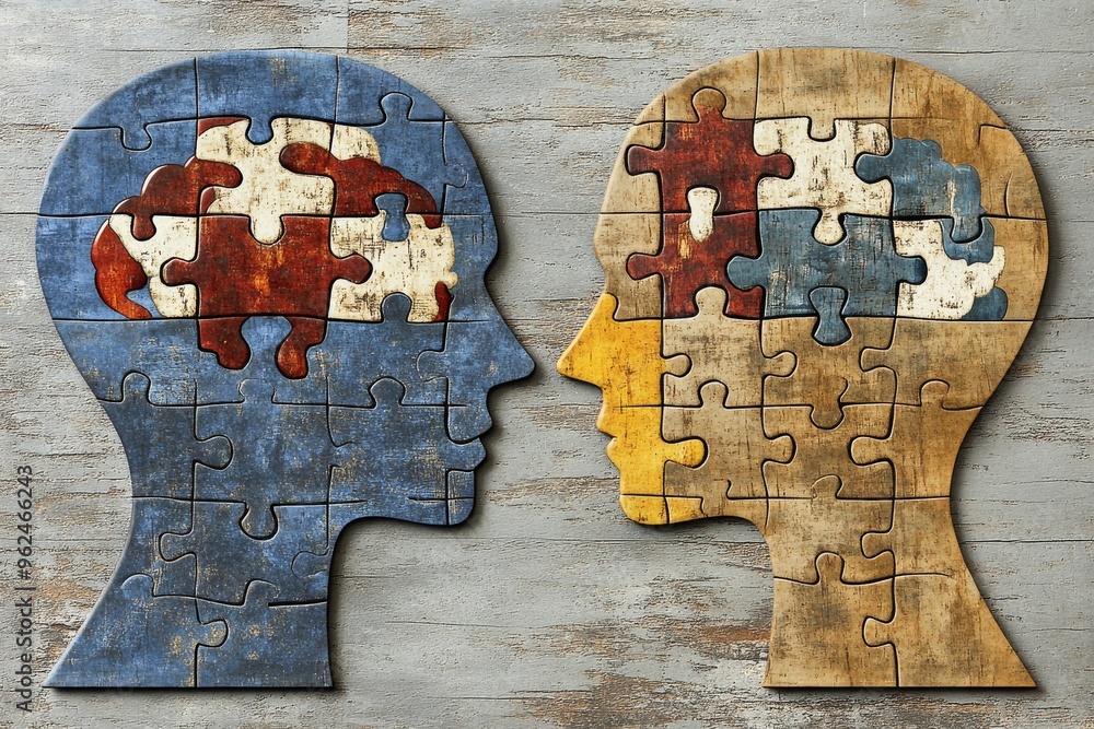 Poster neural brain activity artistic illustration of two profiles with puzzle brains and floral accents re