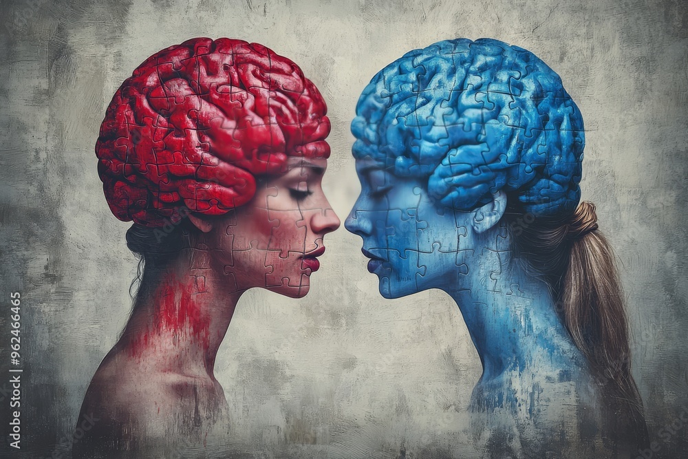 Poster neural capability brain activity surreal portrayal of two individuals with red and blue exposed brai