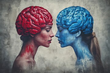 Neural capability Brain activity Surreal portrayal of two individuals with red and blue exposed brains symbolizing contrasting ideas intellectual discourse and duality of thought