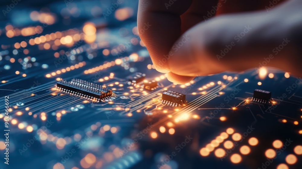 Poster a close-up view of a circuit board with a hand placing a chip