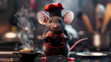 A cute mouse chef in a red hat and apron is standing near a plate of steaming food.