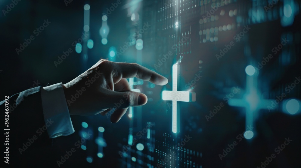 Poster hand interacting with a cross on a digital interface