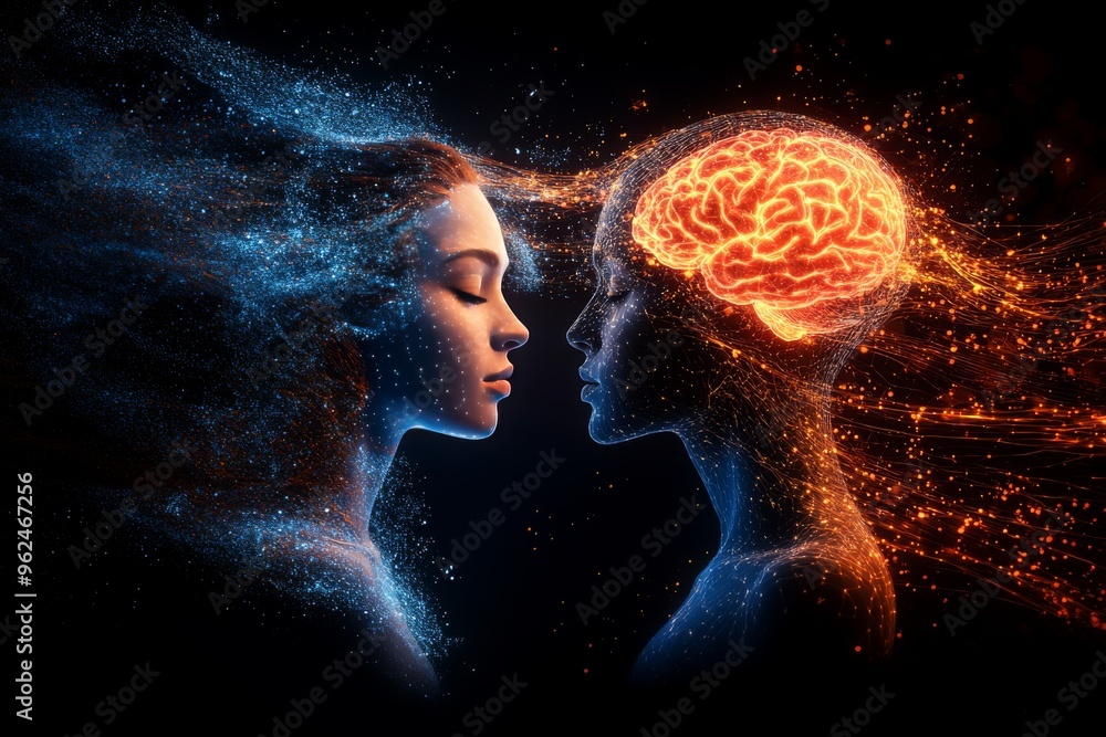 Poster brain enhancement technology brain network woman and her brain shown in a burst of particles emphasi