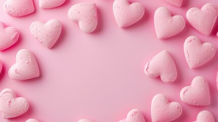 Fototapeta premium Hearts and frame on a soft pink backdrop. Concept for Valentine's or Women's Day.