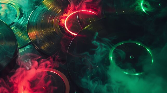 Vinyl records are highlighted with red and green light effects, surrounded by smoke. This atmospheric scene blends vintage charm with modern aesthetics, making it perfect for music and creative