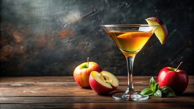Refreshing Appletini cocktail with applejack brandy and apple cider garnished with apple slice, appletini