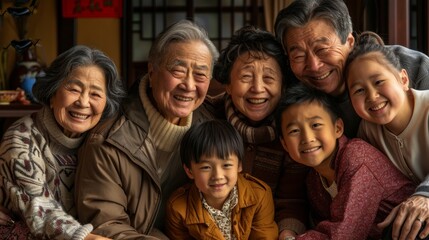 Fototapeta premium Group photo of a modern Chinese family, with three generations of happy smiles.