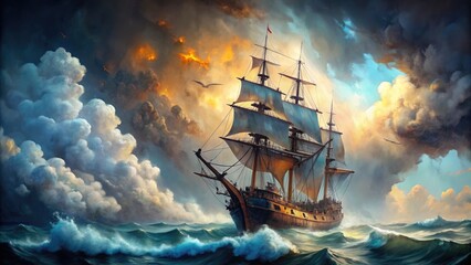 Obraz premium Captivating pirate ship engulfed in fiery watercolor storm, cinematic maritime adventure, pirate ship, fiery, watercolor