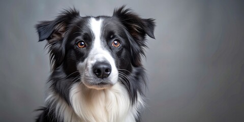 A close-up portrait of a black and white border collie dog , intelligent, alert, energetic, loyal, herding dog, working dog