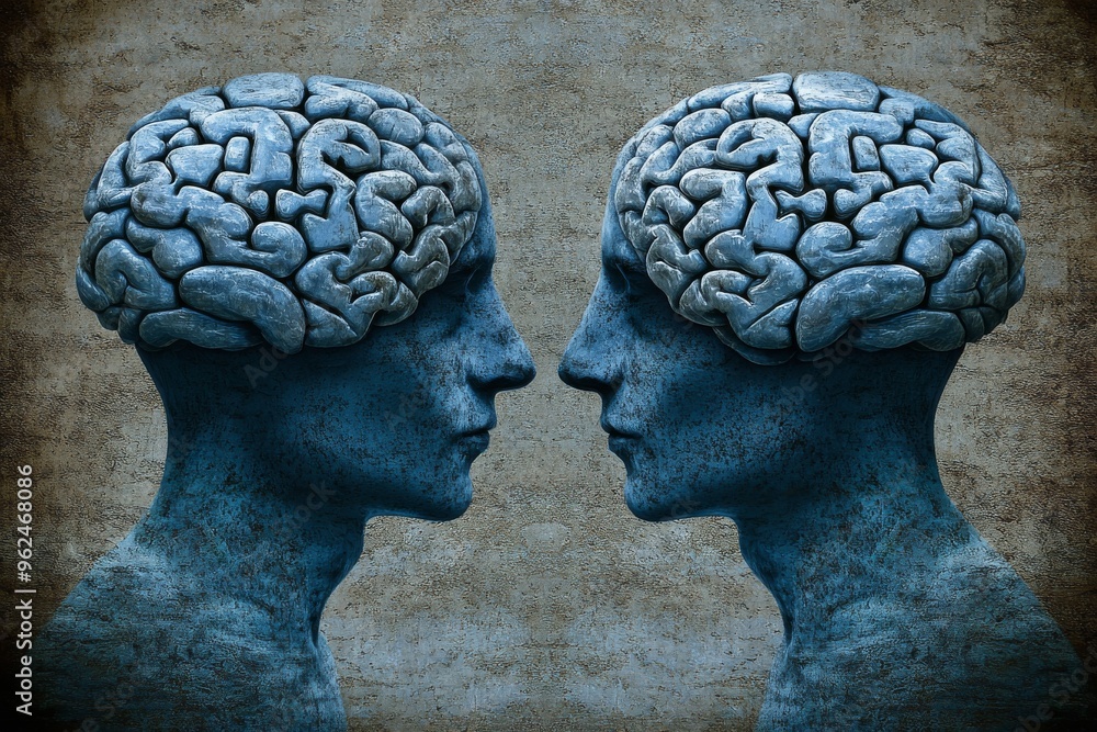 Poster brain gear brain network stone textured human heads facing each other with fragmented brains represe