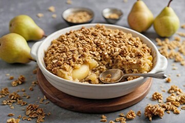 Pear Crumble: Overhead view of a pear crumble with a golden, crispy oat topping on a white dish