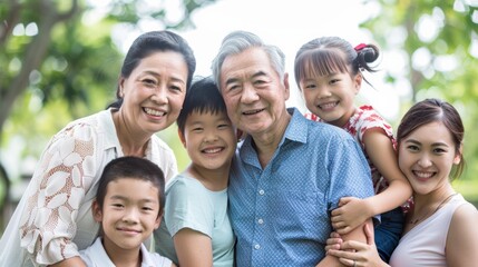 Obraz premium Group photo of a modern Chinese family, with three generations of happy smiles.