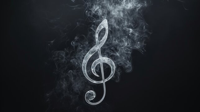 Elegant treble clef created from delicate white smoke against a black background. The intricate smoke patterns and stark contrast evoke a sense of sophistication and mystery, ideal for music and art