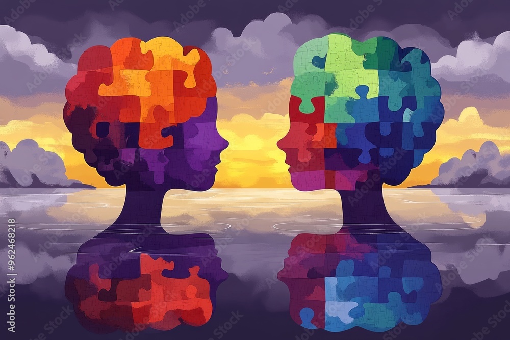 Poster future brain technology brain network abstract surrealistic image of two human profiles with colorfu