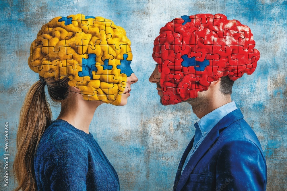 Poster neurointerface brain network vibrant depiction of two human heads made of colorful puzzle pieces rep