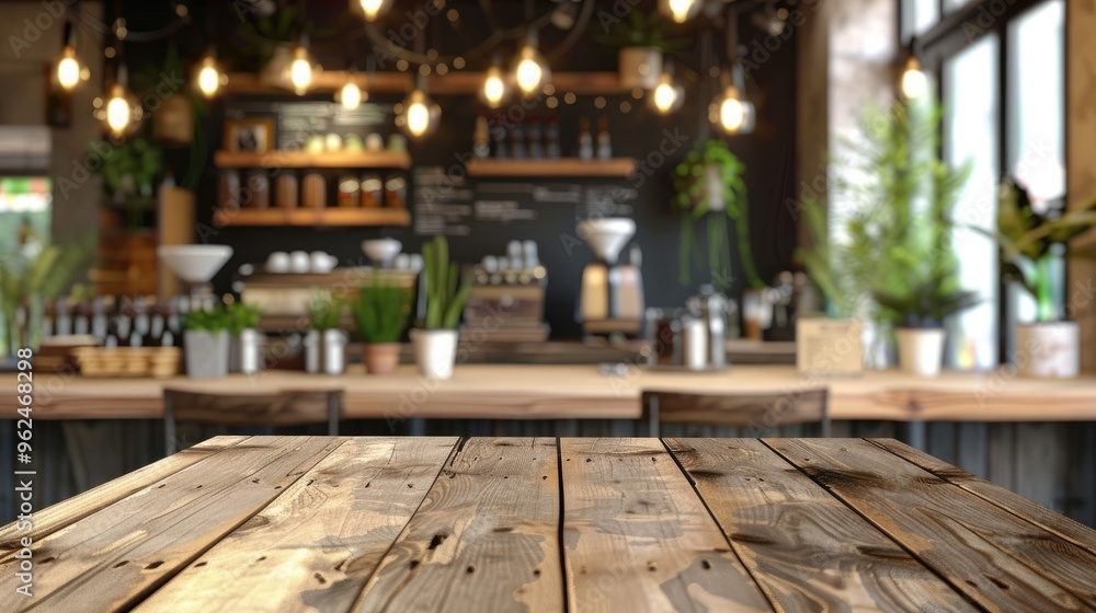 Wall mural wooden table in cafe interior with space to showcase products.