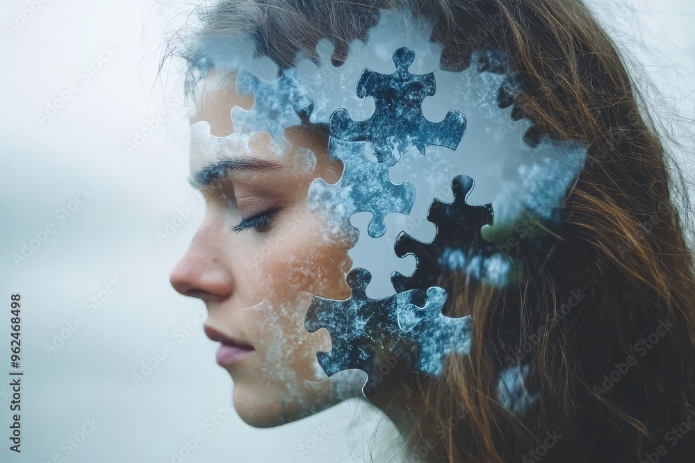 Poster mind machine interface brain network close up of a woman’s face blending with puzzle pieces in the a