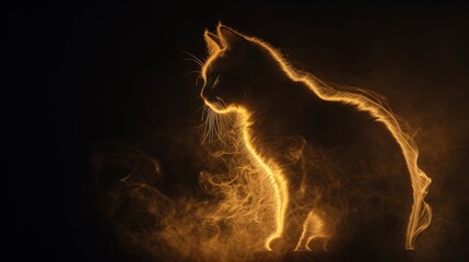 A mesmerizing silhouette of a cat, bathed in golden light with radiant smoke swirling around it. This image blends warmth and mystery, creating a striking visual perfect for artistic and creative