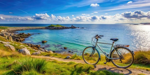 Fototapeta premium Bicycle parked against the sea on the beautiful island of Batz , transportation, bike, sea, island, leisure, travel