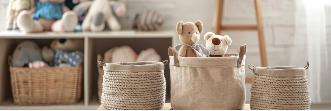 Chic storage baskets filled with toys and fabric dolls on a surface. Neutral toy organizers in a children's space. Innovative organization and storage ideas for a nursery. Home decluttering tips.