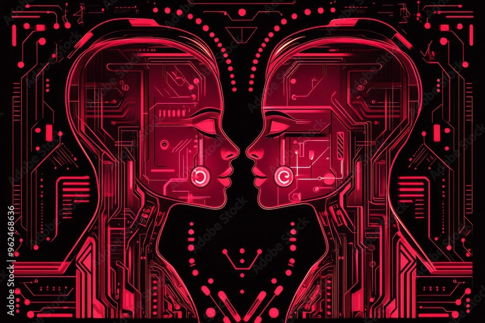 Poster neuronal resilience neural circuit digital illustration of two symmetrical heads in a cybernetic des