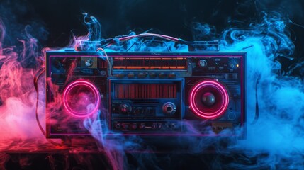 Fototapeta premium A vibrant retro boombox adorned with neon lights emits a nostalgic glow amid swirling smoke. This colorful and dynamic scene captures the essence of 80s music culture, perfect for vintage or music