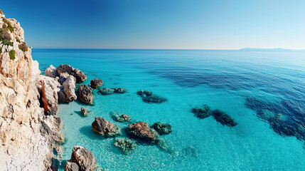 Breathtaking Mediterranean coastline with rocky cliffs and turquoise waters, creating serene and...