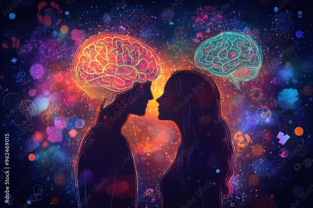 Poster neuro wellness neural circuit futuristic depiction of two connected brains surrounded by glowing par