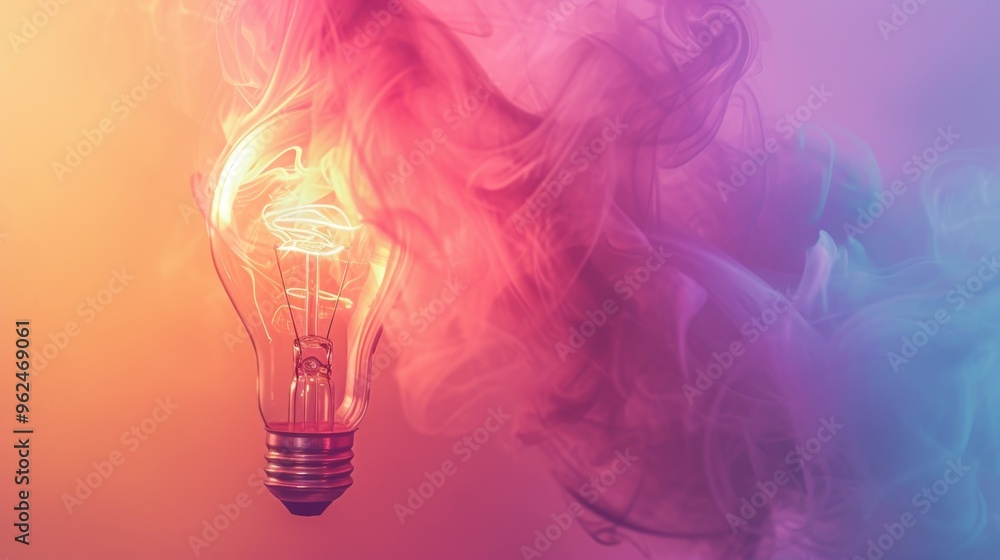 Poster this image features a glowing light bulb enveloped in colorful smoke, set against a gradient backgro