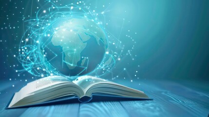 Open book with glowing globe and lines of light on a dark wood table.