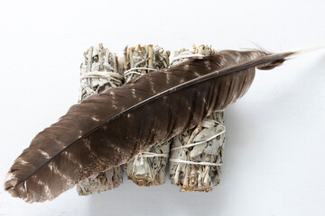 A top view image of three white sage smudge sticks with sacred feather on a white background. 