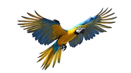 Fototapeta premium Blue and Yellow Macaw Flying White Background, Realistic Photo, Texture, Pattern Background, Wallpaper, Cover and Screen of Smartphone, PC, Laptop, 9:16 and 16:9 Format