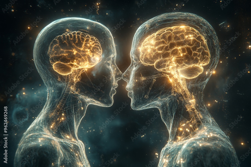 Poster neuroprosthetics neural circuit two human figures with glowing brains and neural connections symboli