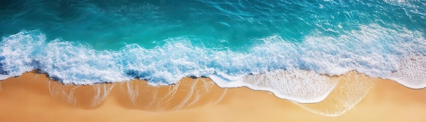 waves softly breaking on a sunny sandy beach flat design, top view, summer day, animation, Triadic Color Scheme