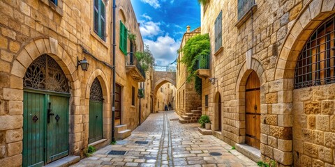 Fototapeta premium Streets of ancient Jerusalem with stone buildings and narrow pathways , ancient, Jerusalem, streets