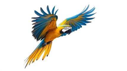 Fototapeta premium Blue and Yellow Macaw Flying White Background, Realistic Photo, Texture, Pattern Background, Wallpaper, Cover and Screen of Smartphone, PC, Laptop, 9:16 and 16:9 Format