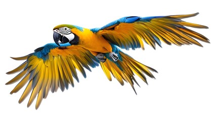Fototapeta premium Blue and Yellow Macaw Flying White Background, Realistic Photo, Texture, Pattern Background, Wallpaper, Cover and Screen of Smartphone, PC, Laptop, 9:16 and 16:9 Format