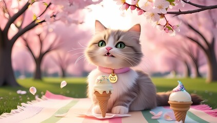 A cute little cat gray and ice cream on view park sakura natural beautiful