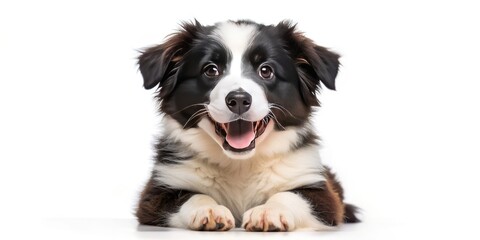 Fluffy border collie puppy with a big grin isolated on a white background, border collie, dog, puppy, fluffy, cute