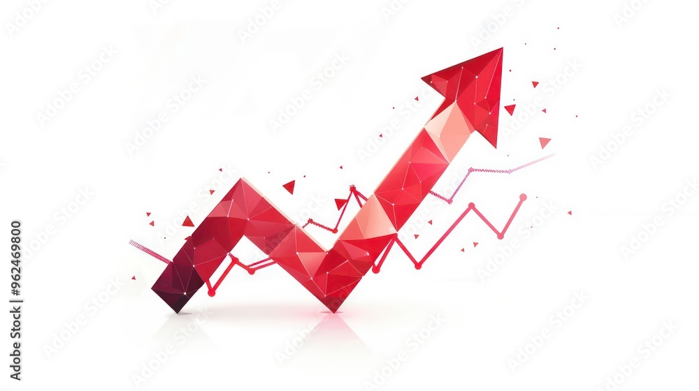 Poster 3d red arrow pointing upwards with a line chart underneath on a white background.