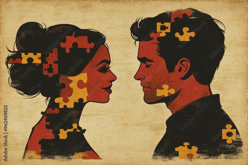 Poster neural chips neural circuit vintage inspired portrait of a couple with puzzle pieces integrated into
