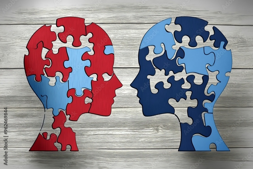 Poster cognitive chip neural circuit abstract depiction of two heads with red and blue puzzle pieces emphas
